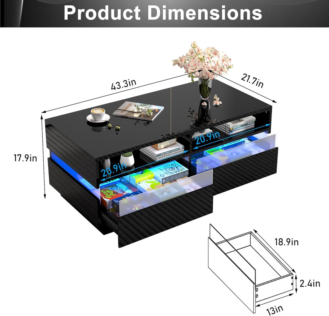 Modern High Gloss Black LED Coffee Table, 2-Tier, App Control