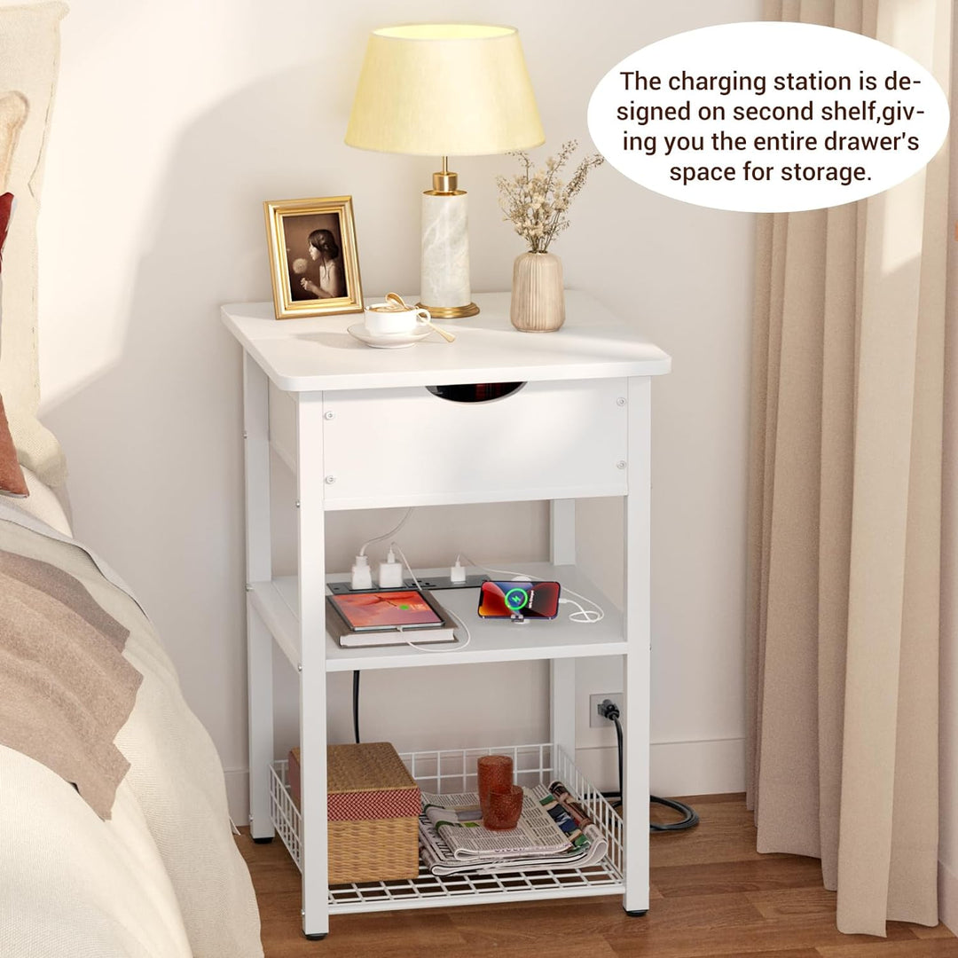 Nightstand Set of 2 with Charging Station, 25.2", White