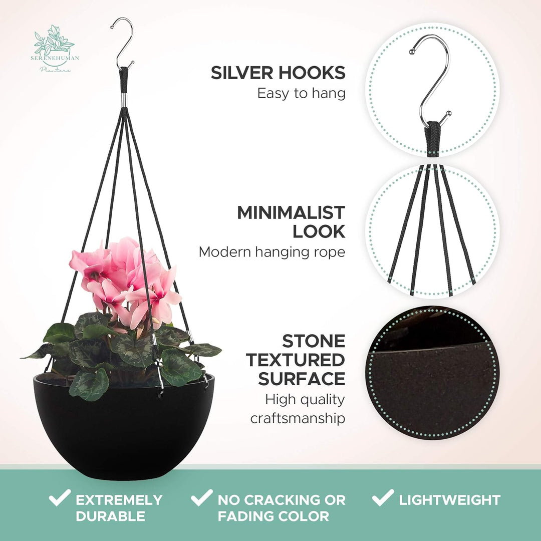 Set of 2 Self Watering Hanging Planters for Indoor Plants (10" Inch Set), Black