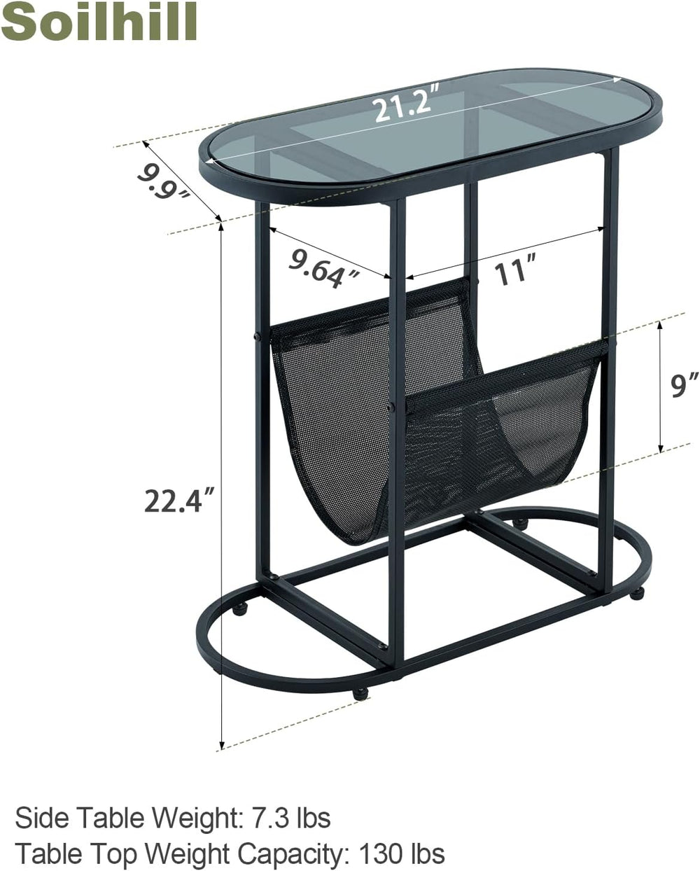 Narrow Side Table, Oval End Table, Glass Top