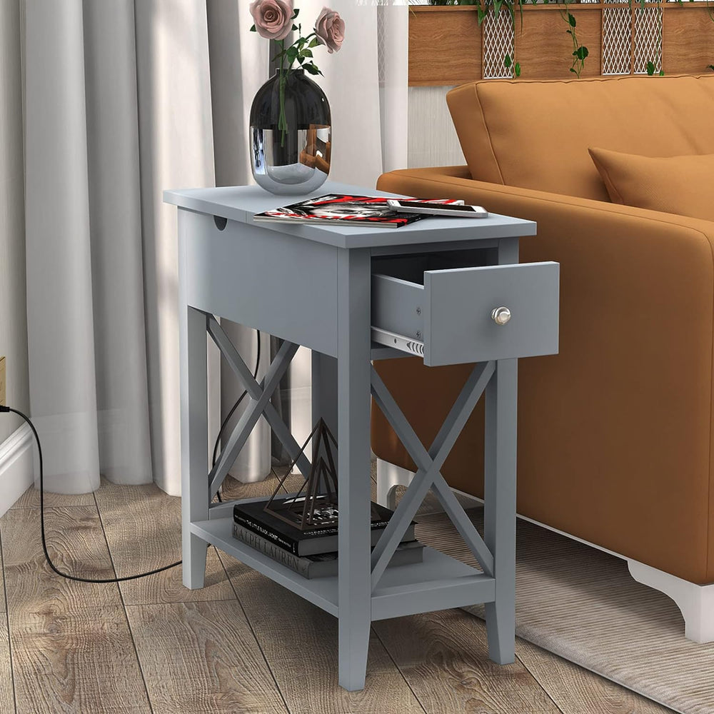 End Table with Charging Station, Narrow Grey