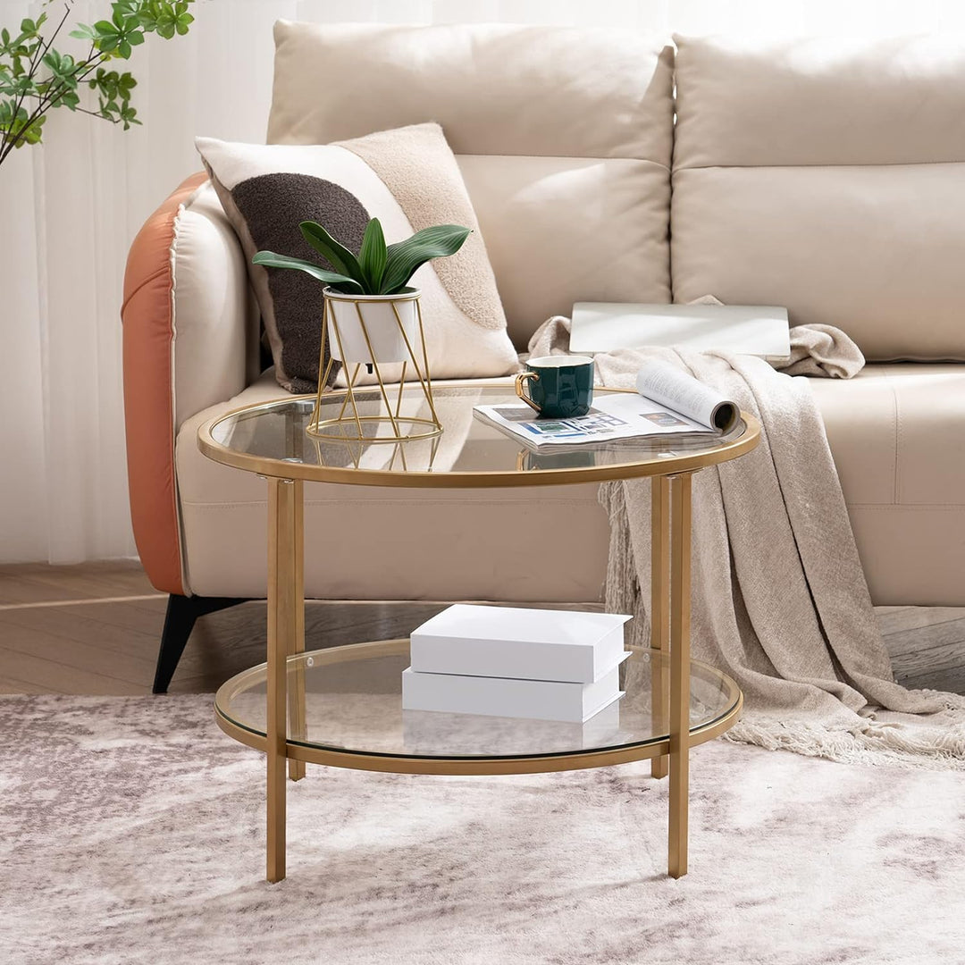 Elegant 2-Tier Glass Top Coffee Table, Gold Finish