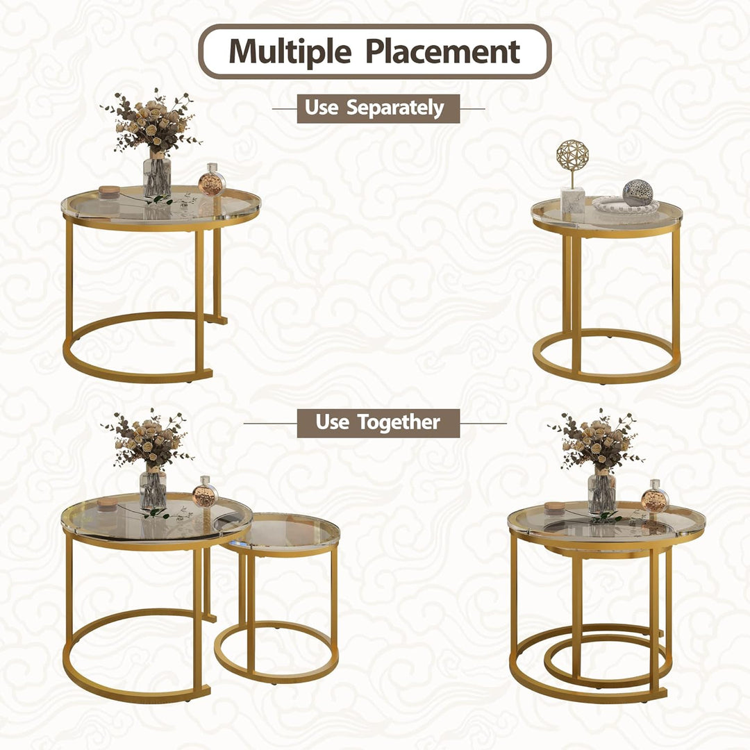 Nesting Round Coffee Table Set, Stacking Side Tables with Glass Tabletop and Golden Metal Frame