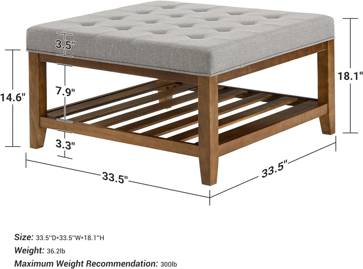 Elegant Square Ottoman Coffee Table, Button Tufted, Grey