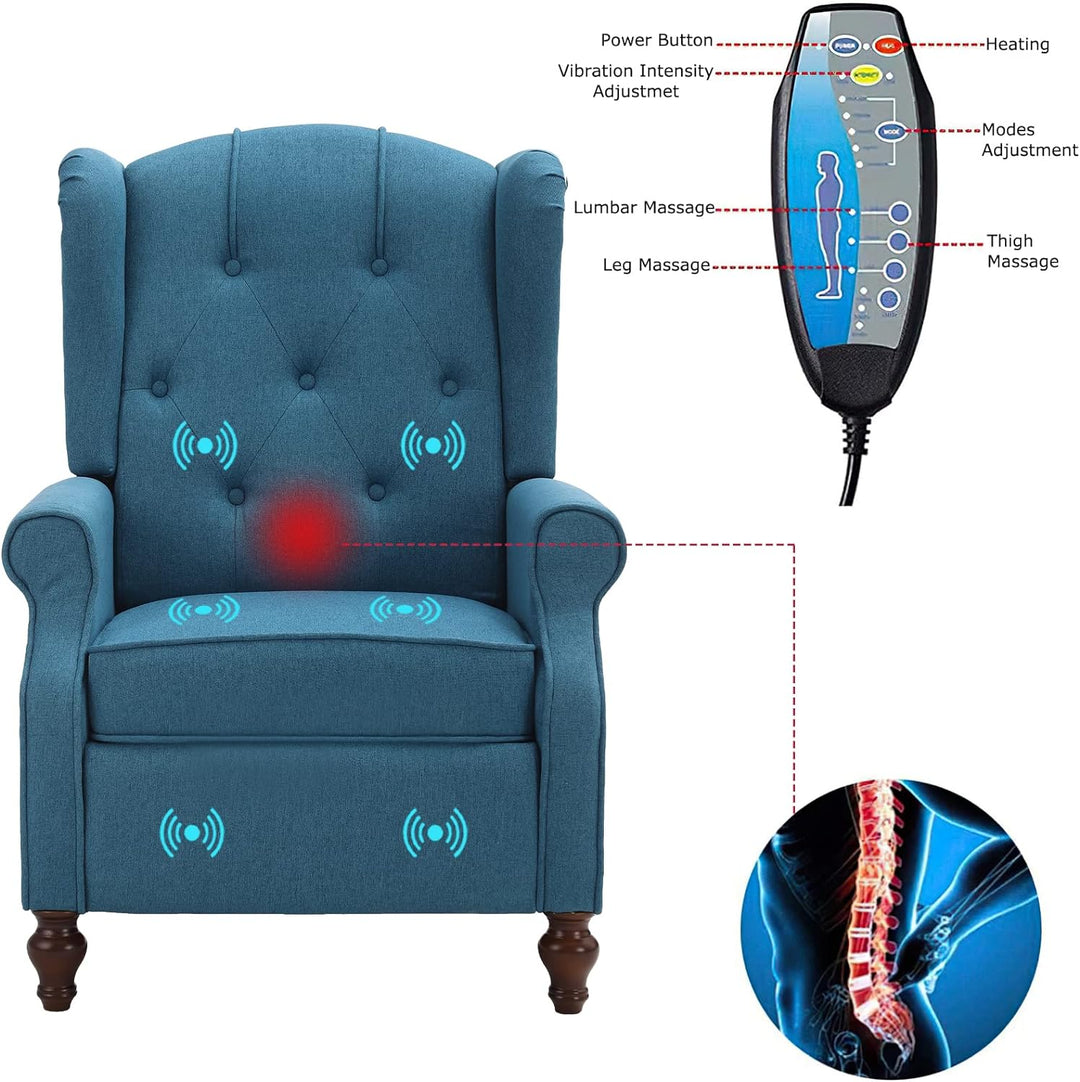 Wingback Recliner Chair, Heat Massage Tufted Sofa(Blue)