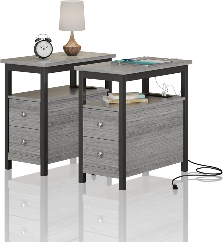 2 End Tables w/ Charging Station, 2 Drawer, USB, Grey