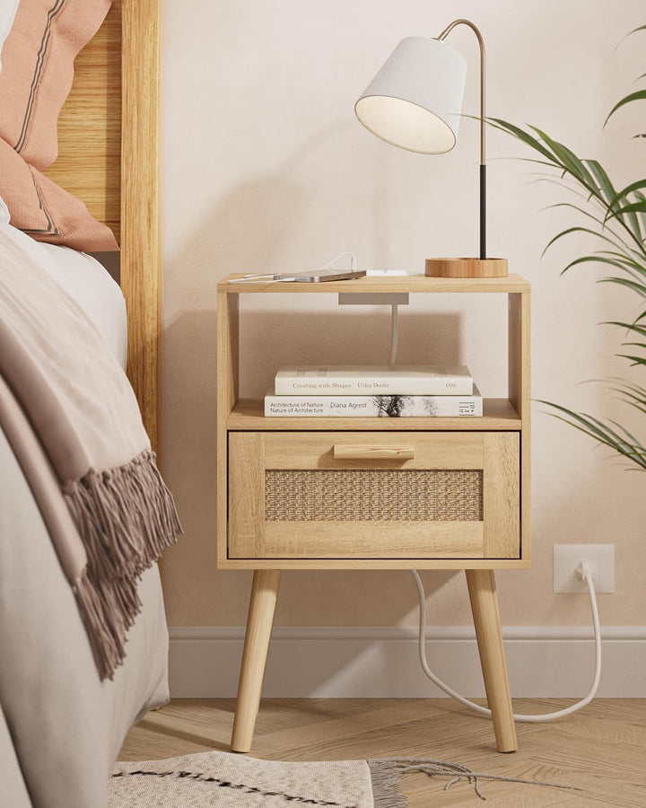 Nightstands with Charging Station, Rattan Drawers