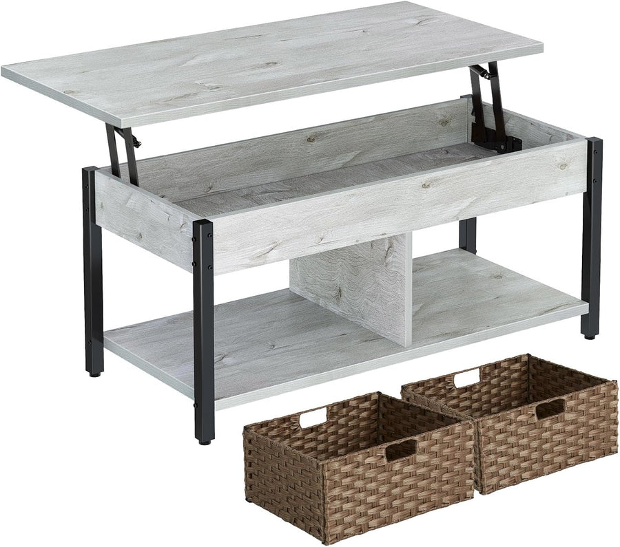 Retro Coffee Table with Hidden Storage and Rattan Baskets, Grey