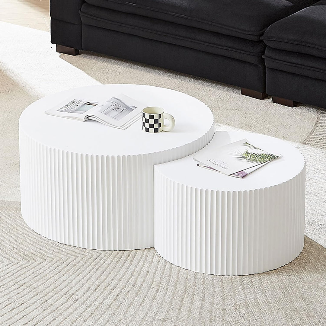 Modern Fluted Coffee Table Set, Round White Side Tables