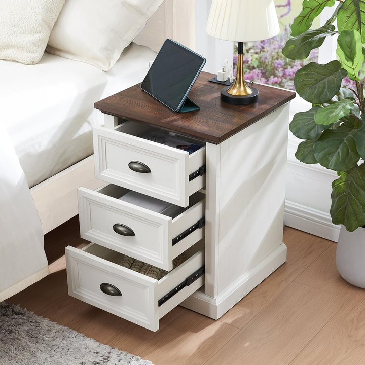 White Nightstand with Charging Station, 3 Drawer End