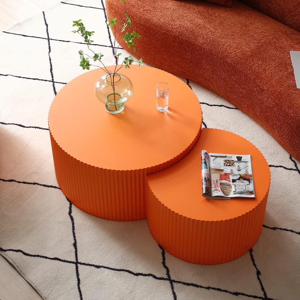 Modern Nesting Coffee Table Set, Round End Table Set, Wood Side Table, Orange