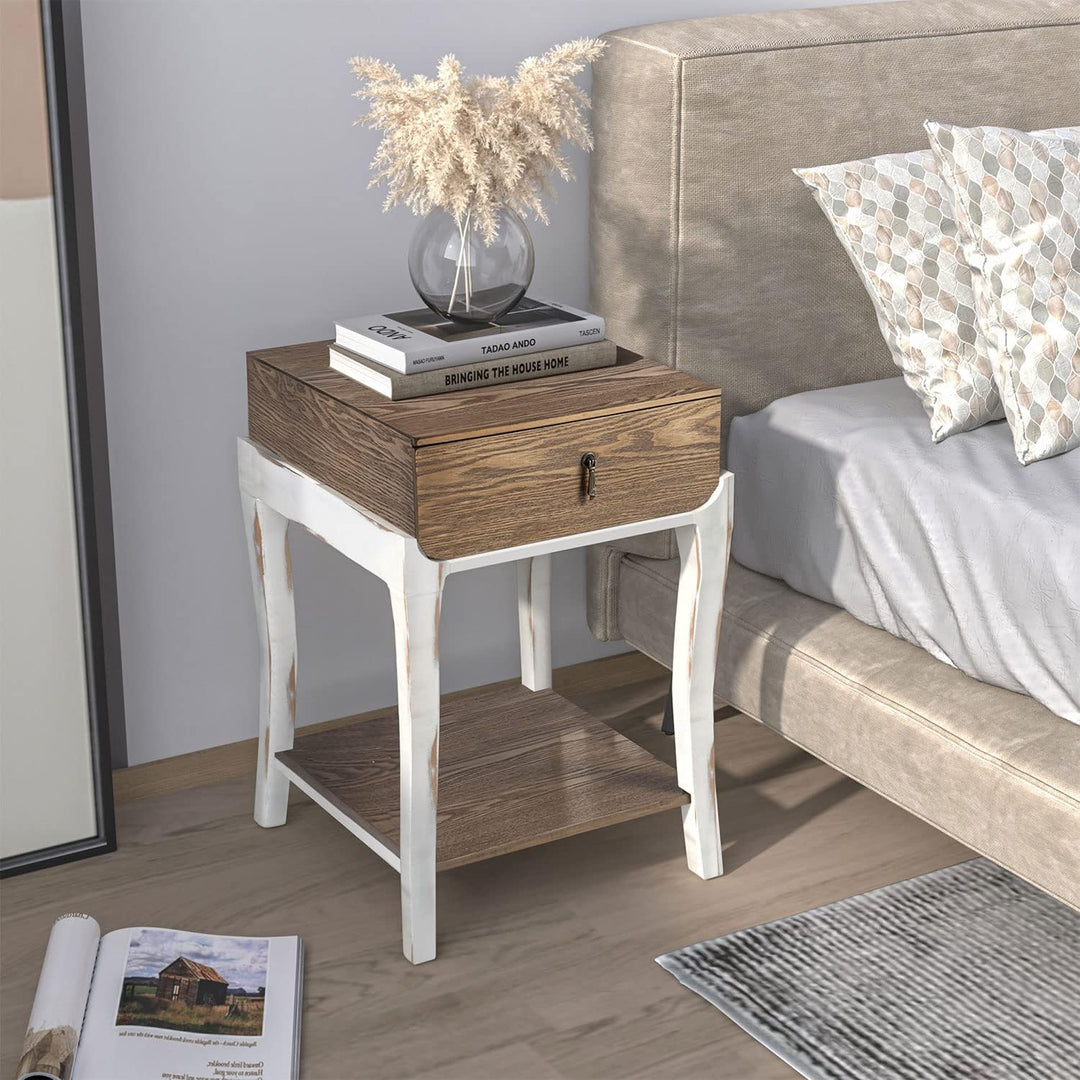 Rustic Nightstand, 2-Tier Farmhouse Bedside Table