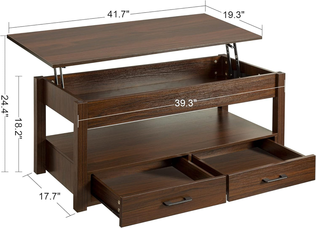 Lift Top Coffee Table with Storage Drawers, Retro Central Table, Espresso