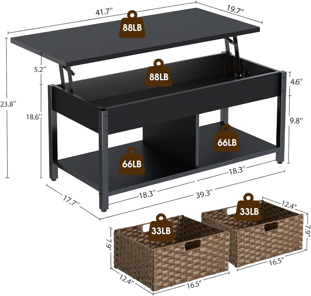 Rolanstar Coffee Table with Lift Top, Hidden Storage, Rattan Baskets, Black