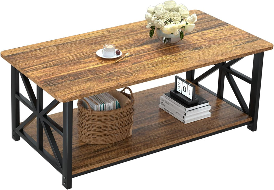 Farmhouse Coffee Table w/ 2-Tier Storage, Walnut