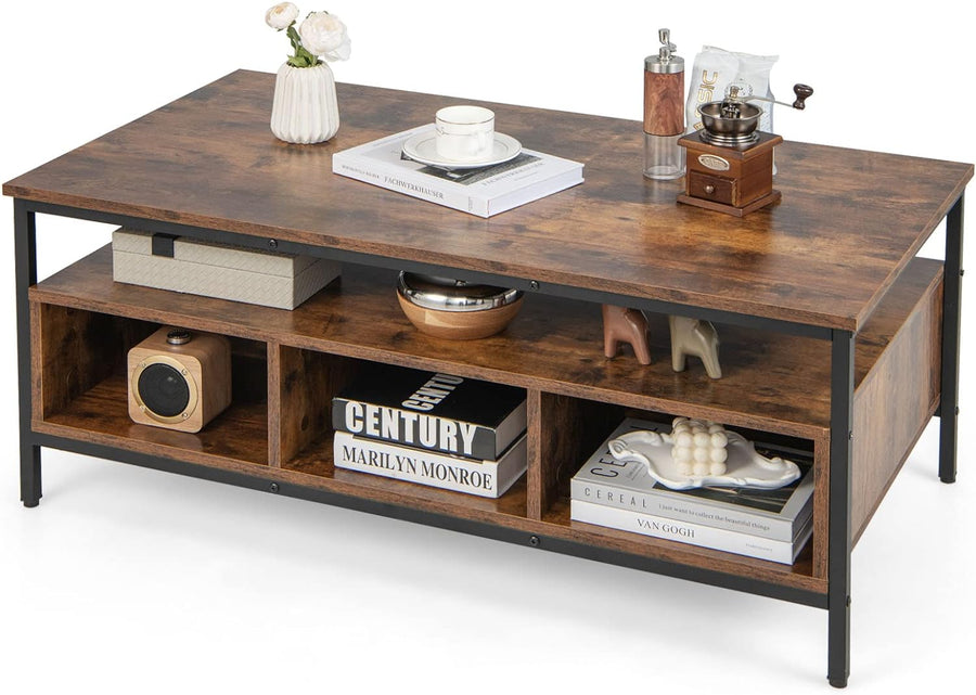 Rustic Industrial Coffee Table, Wood Accent Tea Table, Brown