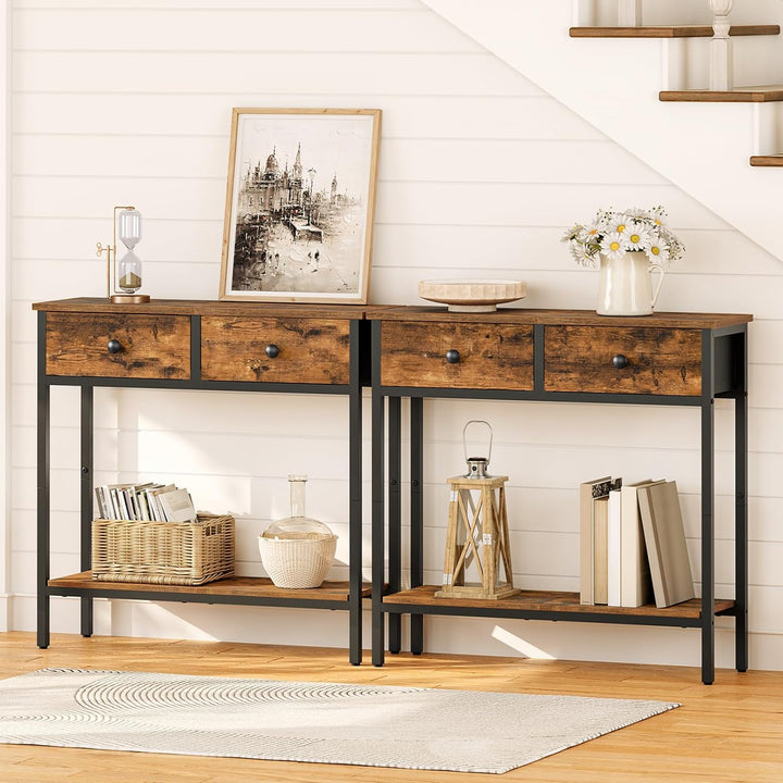 29.5" Narrow Console Table 2 Fabric Drawers Rustic Brown Black