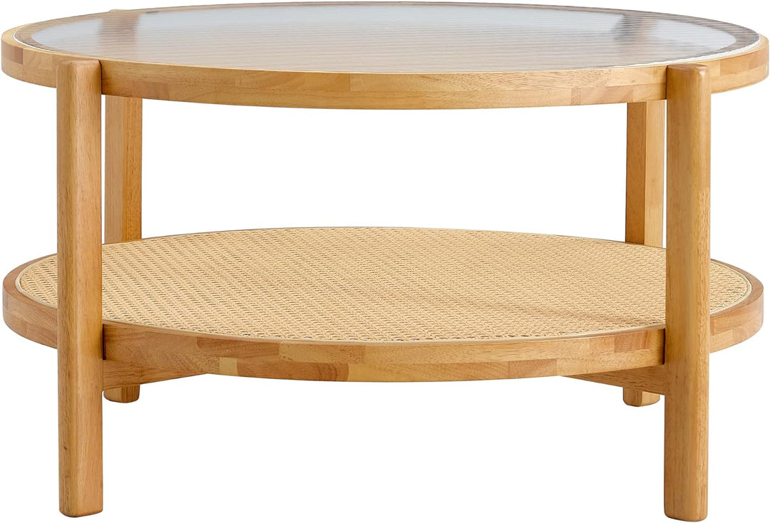 34.64'' Modern Round Coffee Table, 2-Tier Solid Wood Glass Top, E-natural