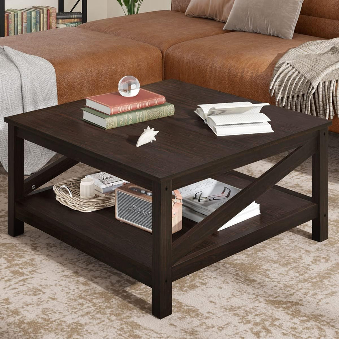 Versatile 2-Tier Square Coffee Table with Storage, Espresso