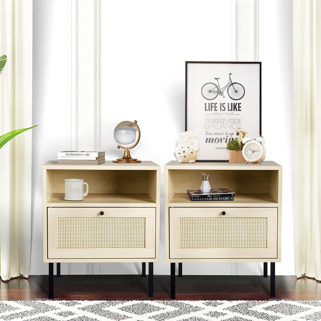 Rattan Nightstand, Wooden End Table, Modern Side Table