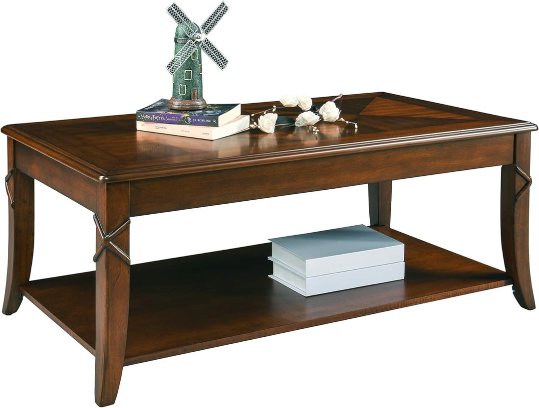 Solid Wood Coffee Table with Storage Shelf, Mid-Century Design, Cherry Brown