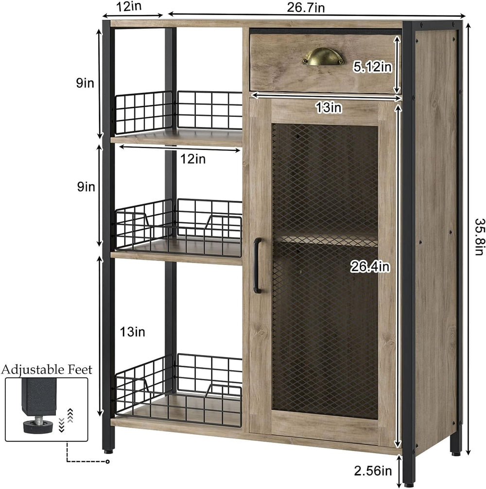 Versatile 3-Tier Coffee Bar Cabinet, Adjustable Shelf, Farmhouse Grey