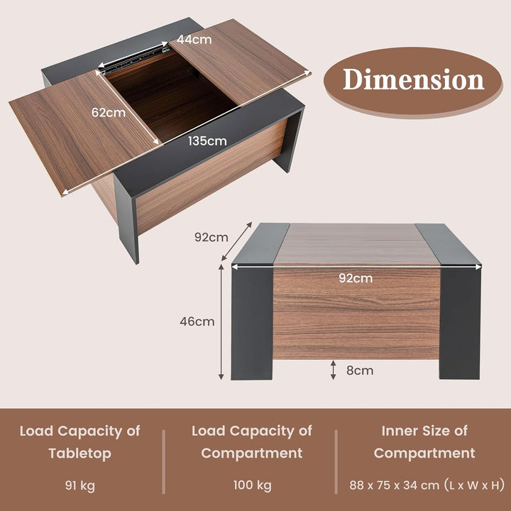 Sliding Top Coffee Table with Hidden Storage, Extendable Cocktail Tea Table, Walnut