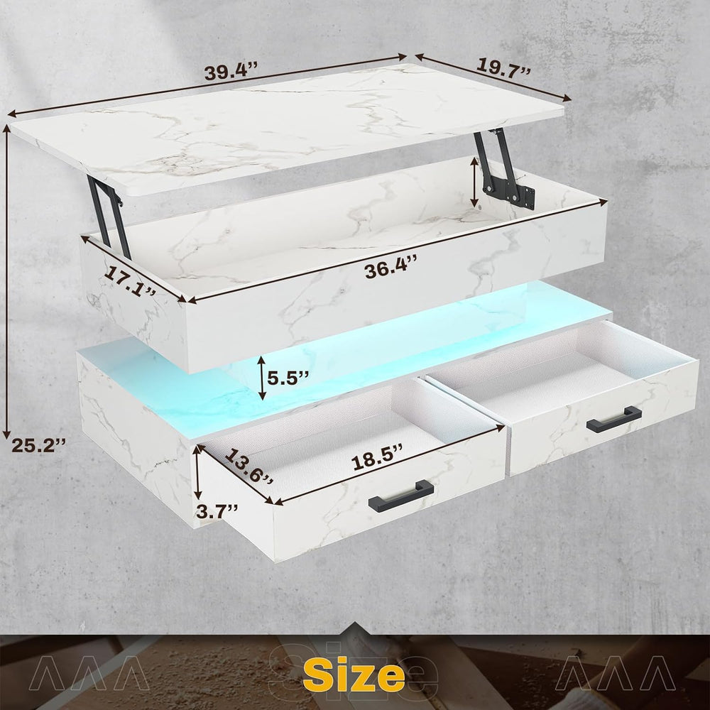 Elegant Lift-Top Coffee Table, Storage, LED Light, White Marble