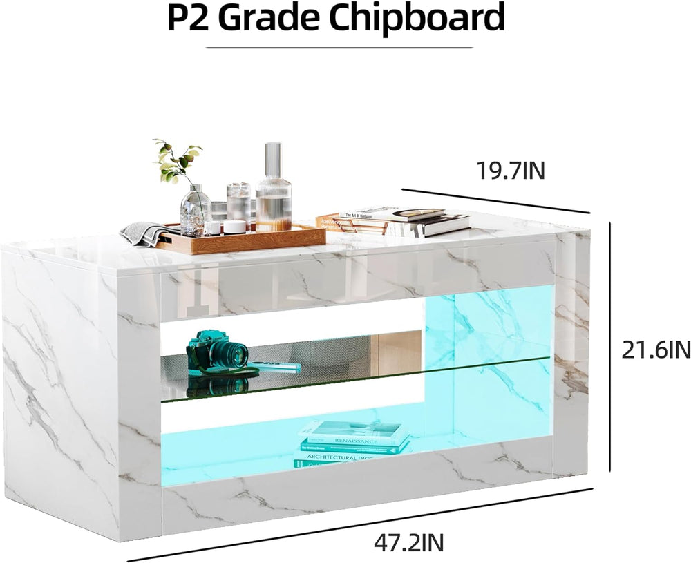 Coffee Table, Modern Marble Print with Glass Storage, White With Gloss