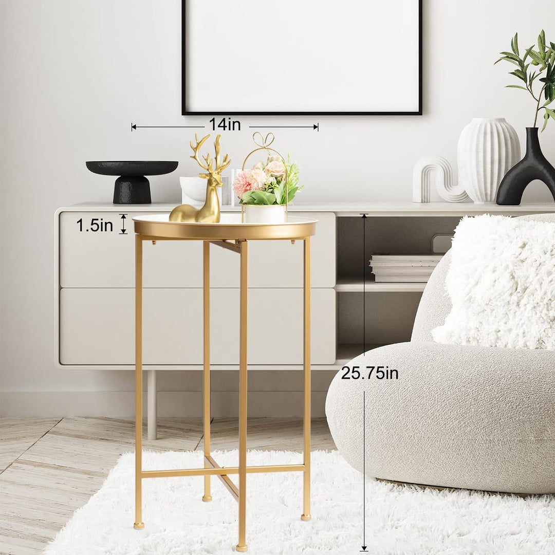 Gold Side Table, Metal Folding End Table White