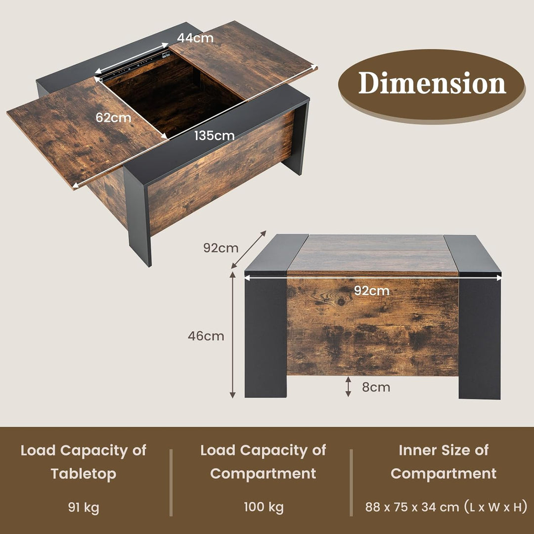 Sliding Top Coffee Table with Hidden Storage, Extendable Cocktail Table, Rustic Brown