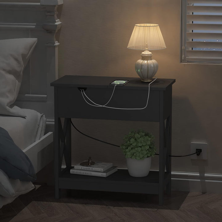 End Table with Charging Station - Narrow Flip Top Side for Small Spaces