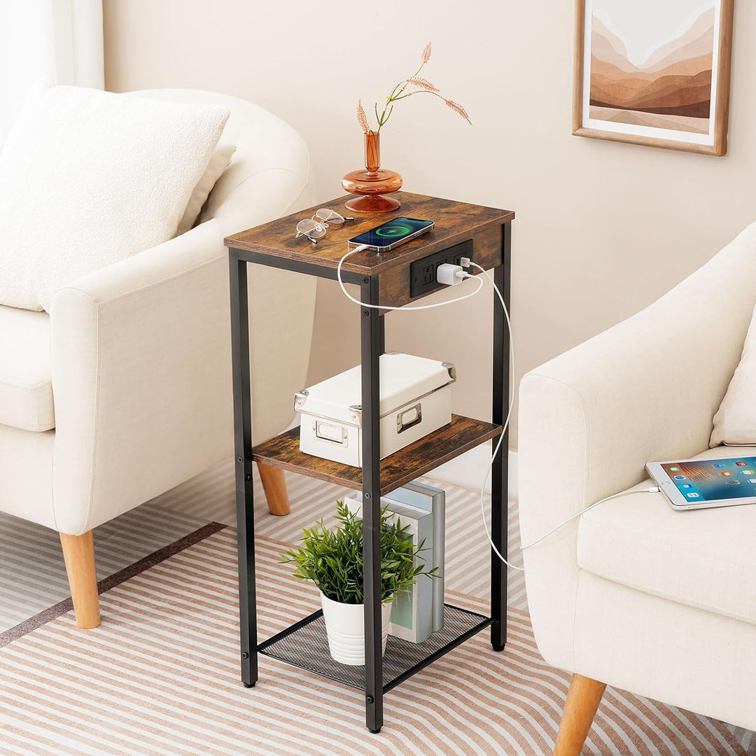 Tall End Table w/ Charging Station, 3-Tier, Rustic Brown