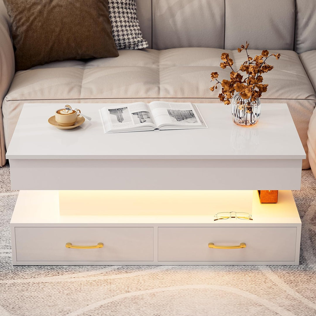 Lift Top Coffee Table with LED Lights, 2 Drawers, Hidden Compartment, White