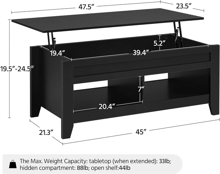 Lift Top Coffee Table with Hidden Storage and Open Shelf, Black