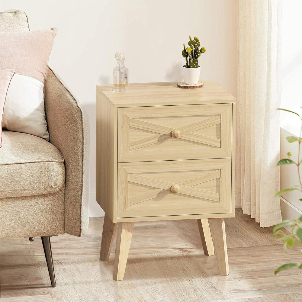 Nightstand Set of 2, Natural End Table with 2 Drawers