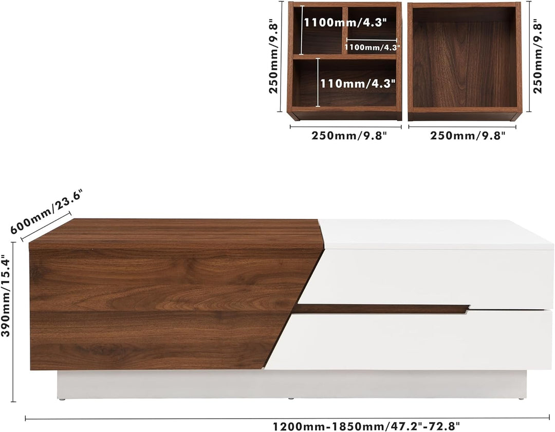 Merax Extendable Coffee Table, UV High-Gloss, Sliding Top & Storage (White & Walnut)