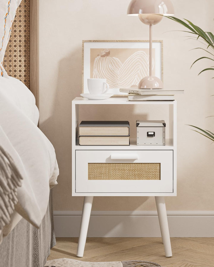 Rattan Nightstand, Wood Accent Table with Storage