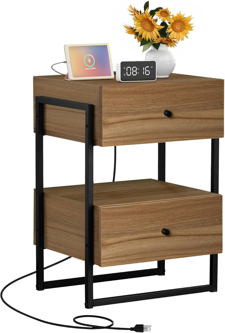 Nightstand Set of 2, USB Ports Outlets, Natural