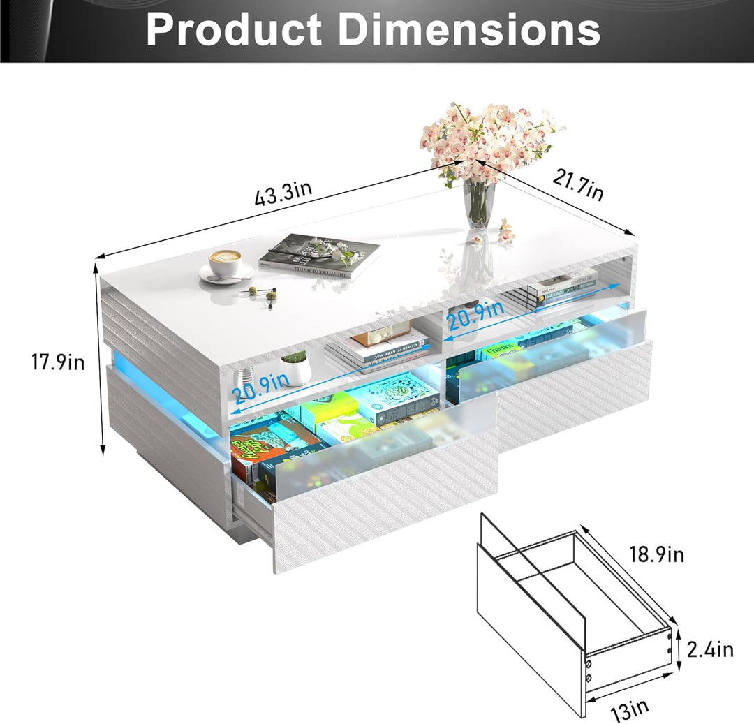 Modern High Gloss White LED Coffee Table with Storage Drawers