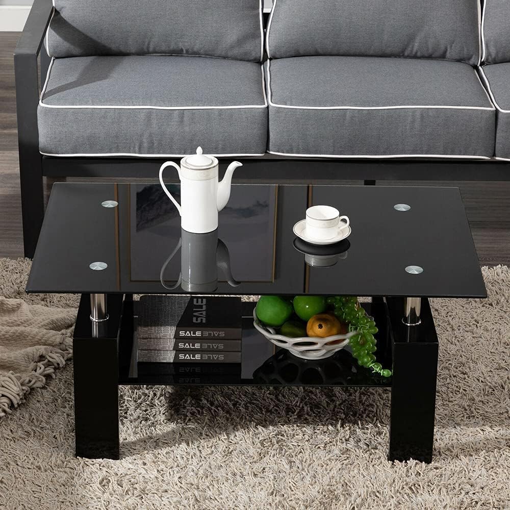 Black Glass Top Coffee Table with Black Metal Legs, Black