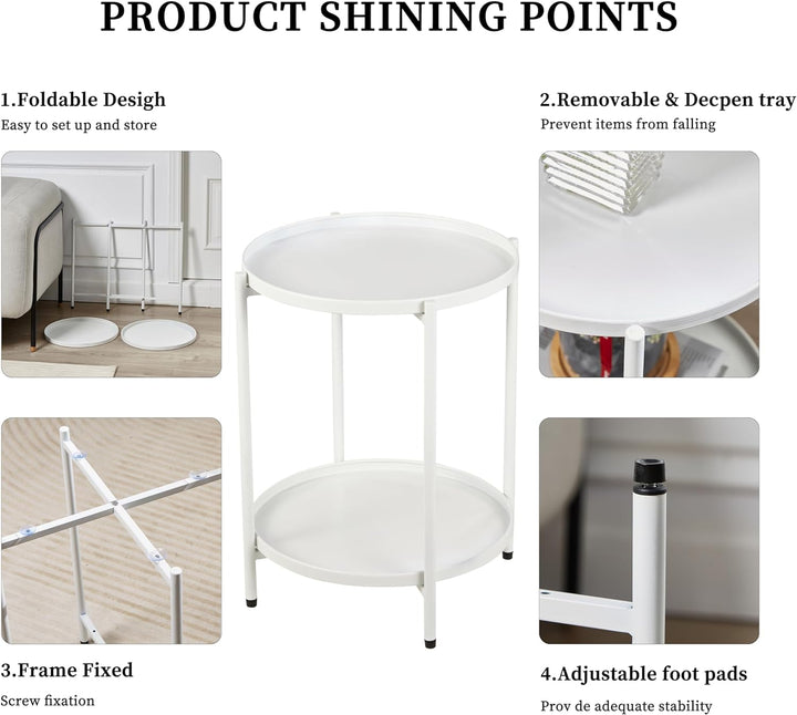 2 Tier Round Metal Side Table, Folding End Tables