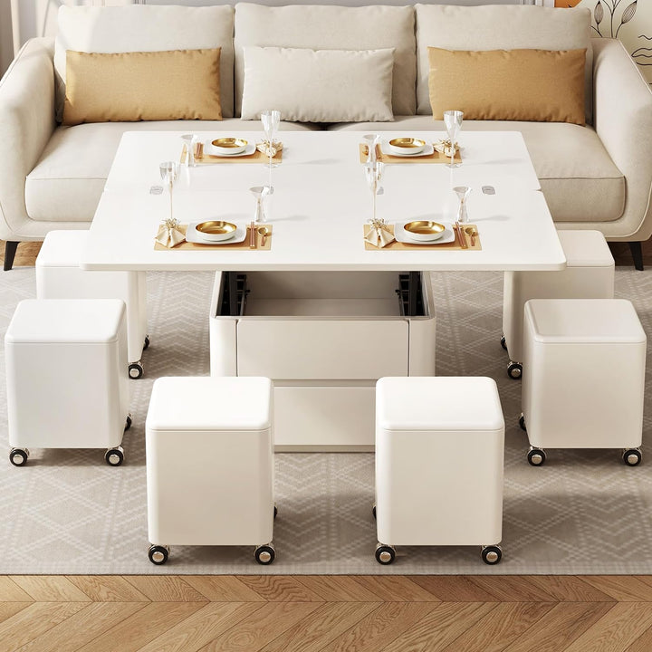 47.24" L Lift Top Coffee Table with 4 Stools, Hidden Storage, White