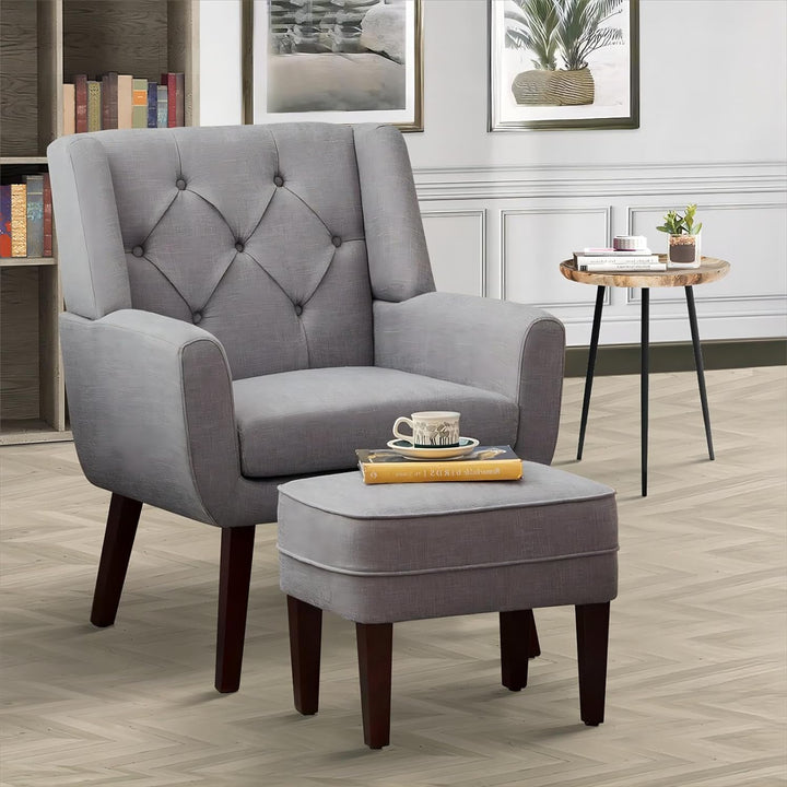 Accent Chair with Ottoman,Upholstered Button Tufted Armchair,Linen Fabric Sofa Chairs Reading Chair for Living Room,Chair for Bedroom, Comfortable Mid-Century Modern Chair,Light Grey