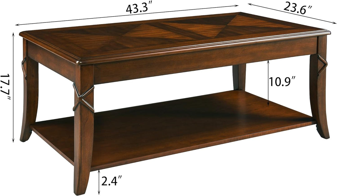 Solid Wood Coffee Table with Storage Shelf, Mid-Century Design, Cherry Brown