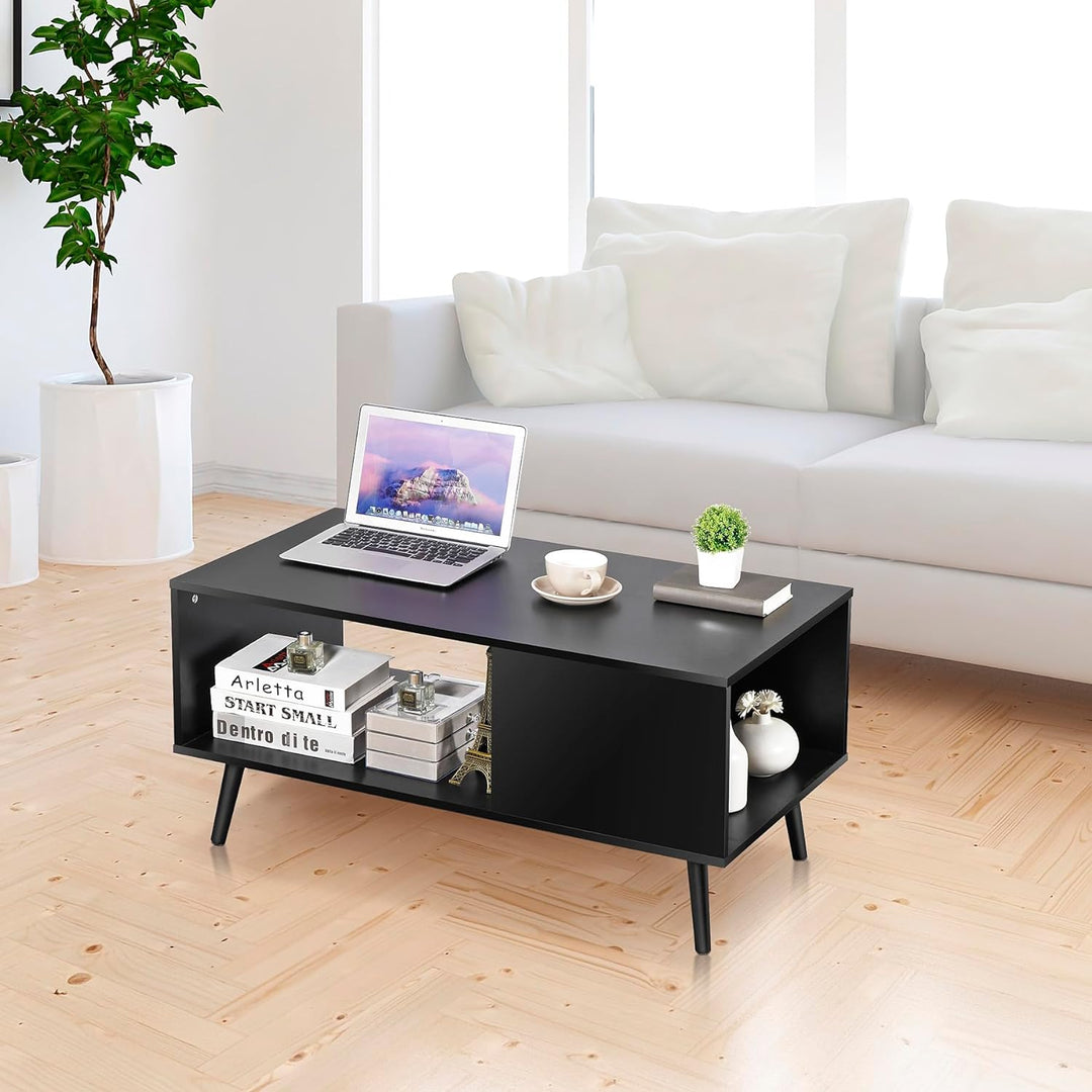 ZenStyle Mid Century Modern Coffee Table, Wooden Retro Living Room Table, Black