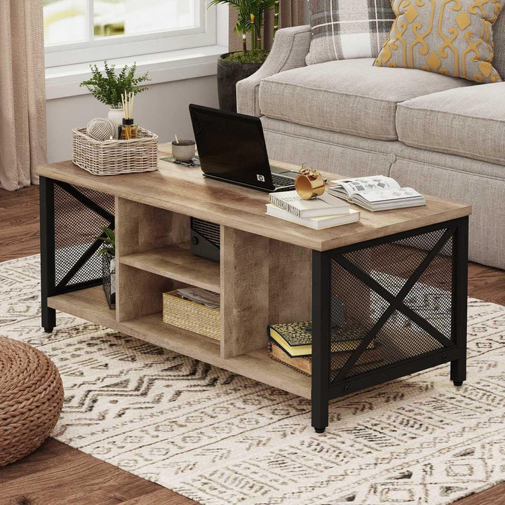 Rustic Wood Coffee Table w/ Shelves, Farmhouse Rectangle Tea Tables, Rustic Oak