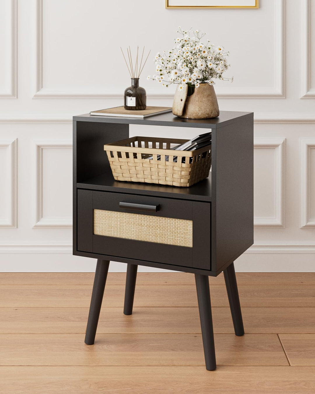 Rattan Nightstand, Side Table with Hand Made Drawers