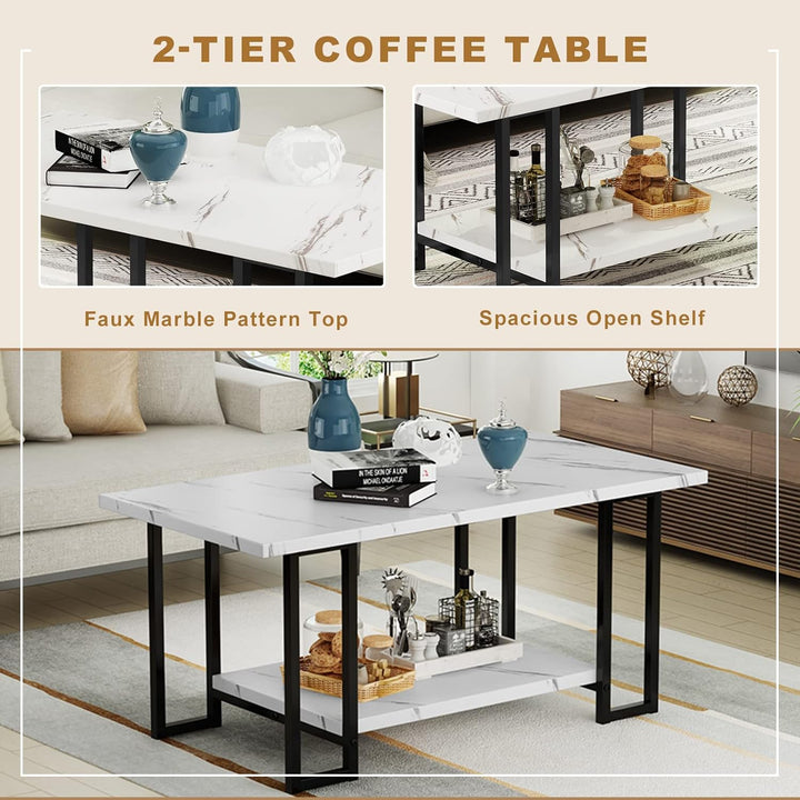 Faux Marble Coffee Table Set with Round End Tables, Metal Frame