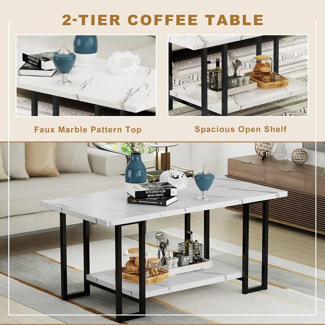 Faux Marble Coffee Table Set, Modern Living Room Tables, White, Black